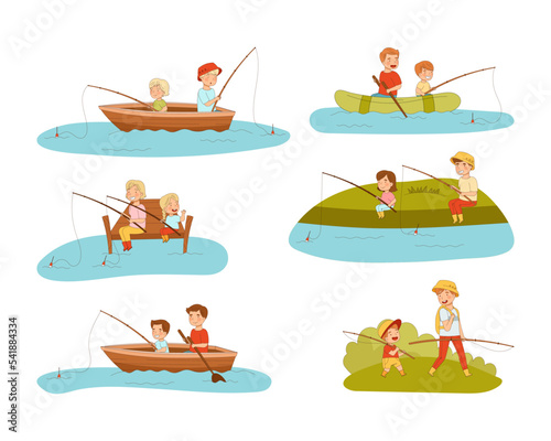 Parents and kids fishing with fishing rods set. Mom, dad and children sitting in boat and shore cartoon vector illustration © Happypictures