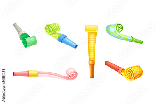 Bright party whistles set. Colorful birthday toys, pipe blowers for festive event celebration cartoon vector illustration