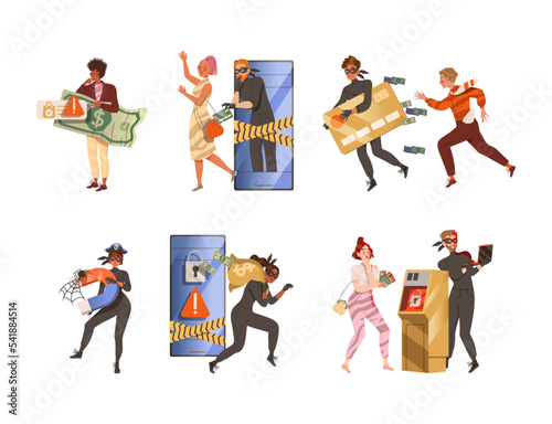 Fraudsters stealing money and credit card set. Online fraud, cybercrime, data hacking vector illustration
