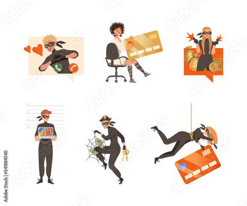 Male and female raudsters stealing money and credit card set. Online fraud, cybercrime, personal privacy data hacking vector illustration
