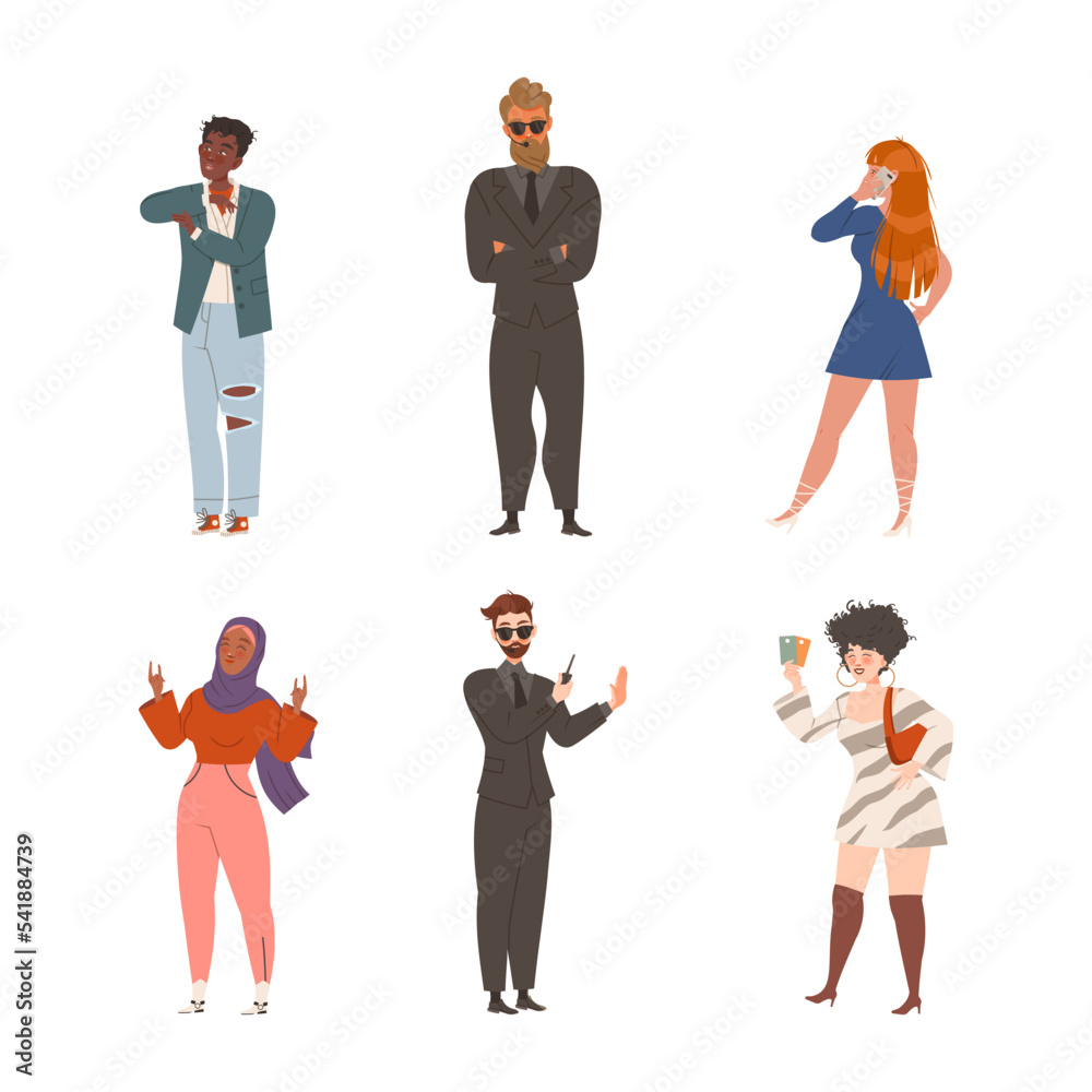Stylish people in fashion casual outfit set. Fashionable men and women vector illustration