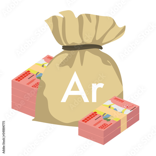 Malagasy Ariary Vector Illustration. Madagascar money set bundle banknotes.  Money bag 5000 MGA. Flat style. Isolated on white background. Simple minimal design. photo