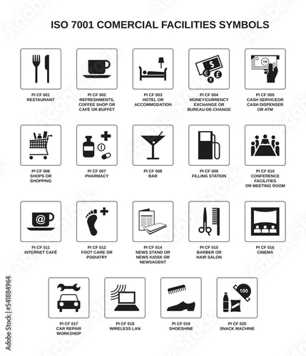 set of iso 7001 comercial facilities symbols on white background
