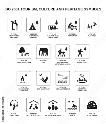 set of iso 7001 tourism, culture and heritage symbols on white background