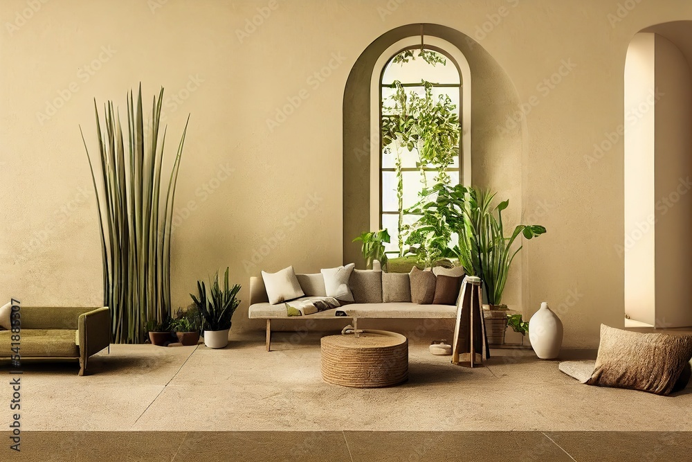 Desert style home with huge window in cozy green environment interior