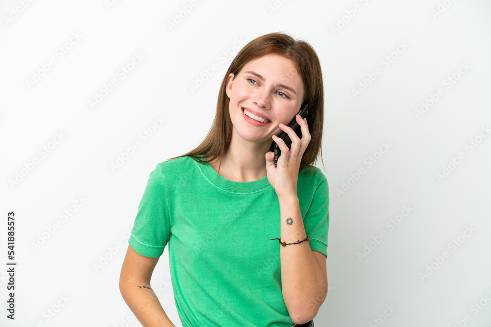 Young English woman isolated on white background keeping a conversation with the mobile phone with someone Young English woman isolated on white background keeping a conversation with the mobile phone with someone