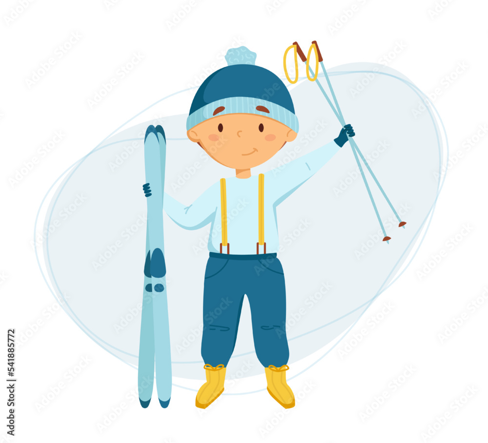 Cute funny boy Boy in ski equipment and skis with poles vector illustration. Children's activities. Kid goes skiing. Daily routine. Schedule. Illustration on abstract background