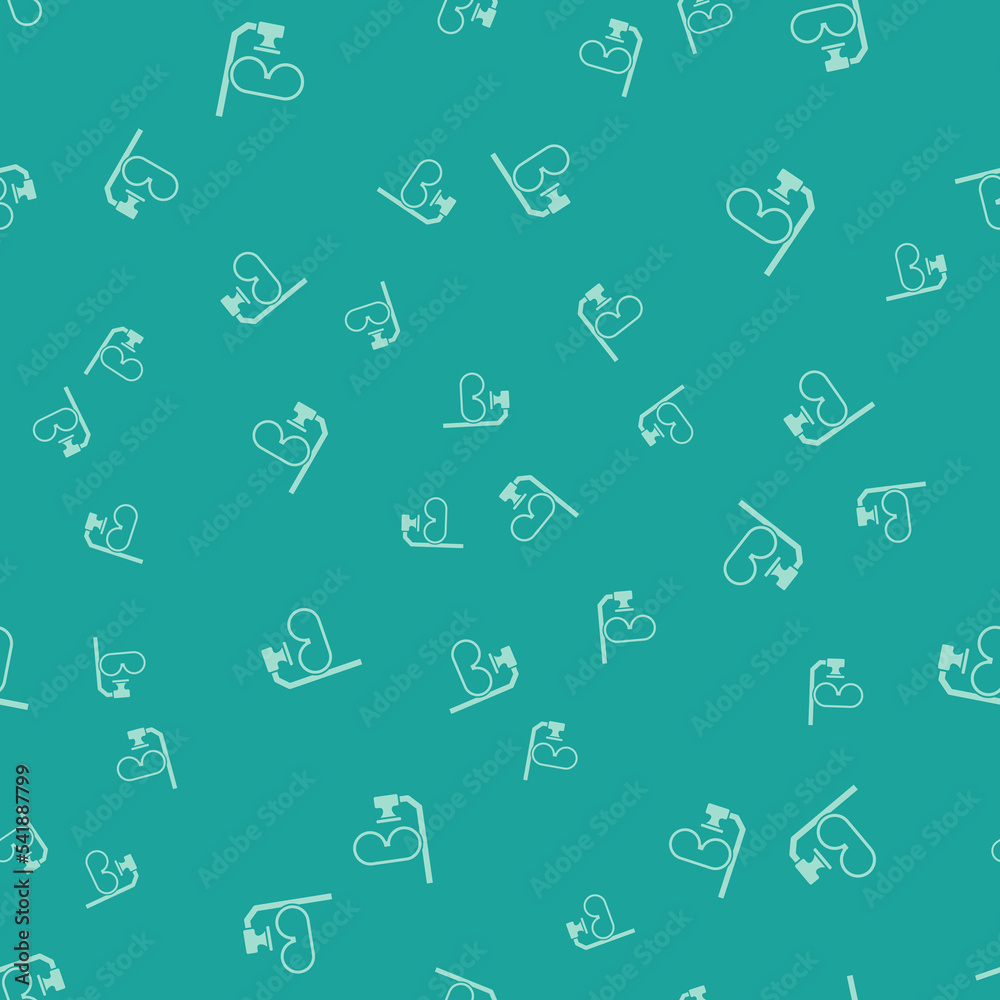 Green Diving mask and snorkel icon isolated seamless pattern on green background. Extreme sport. Diving underwater equipment. Vector