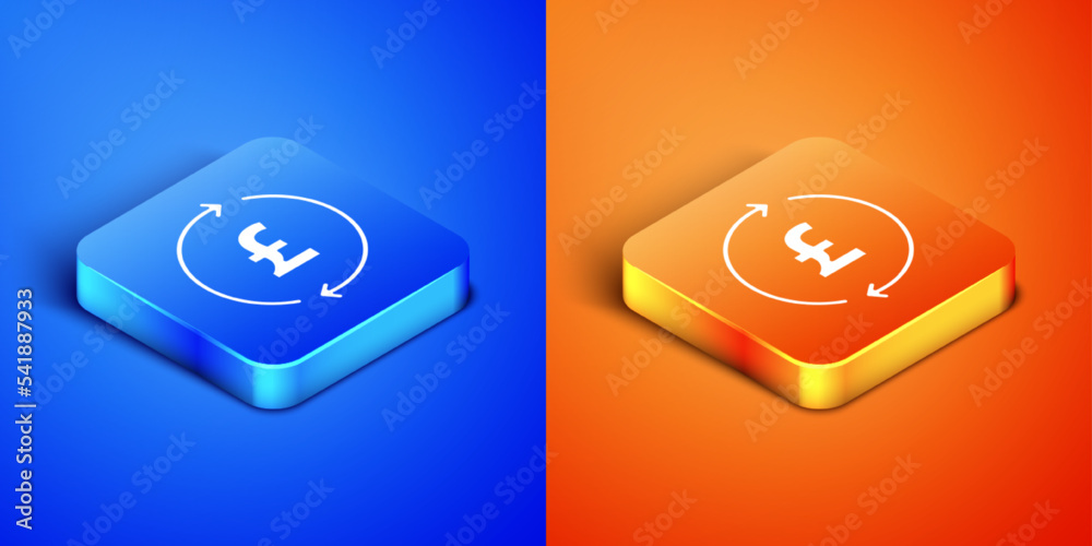 Isometric Coin money with pound sterling symbol icon isolated on blue and orange background. Banking currency sign. Cash symbol. Square button. Vector Isometric Coin money with pound sterling symbol icon isolated on blue and orange background. Banking currency sign. Cash symbol. Square button. Vector