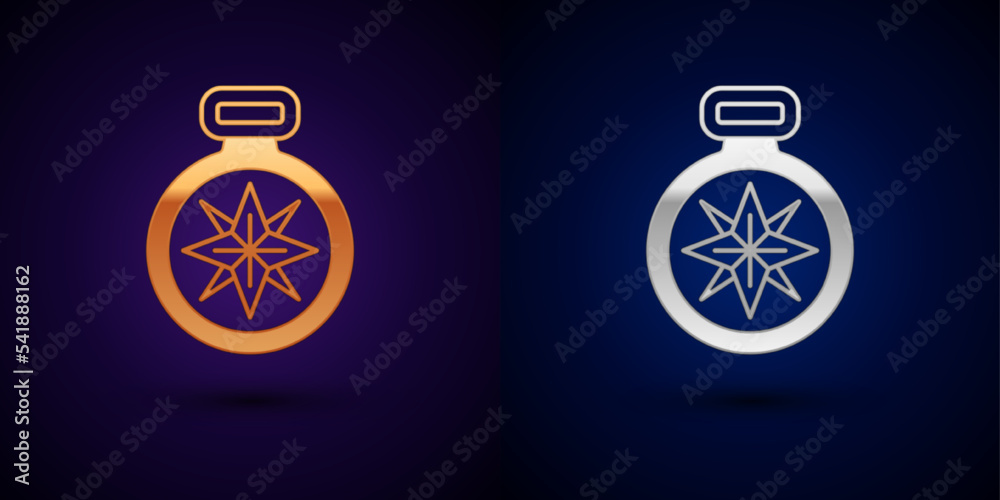 Gold and silver Compass icon isolated on black background. Windrose navigation symbol. Wind rose sign. Vector