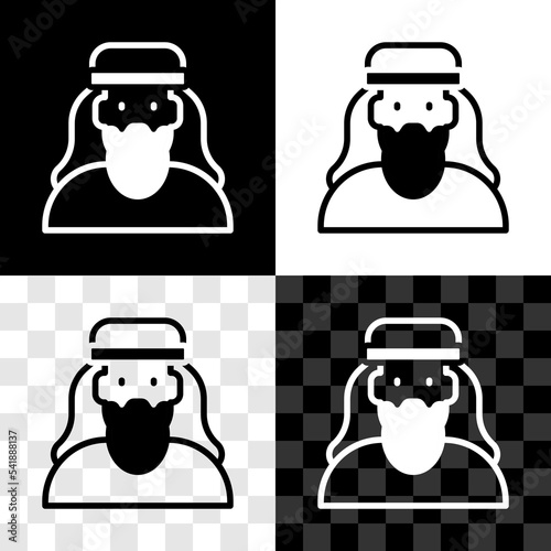 Set Muslim man icon isolated on black and white, transparent background. Vector