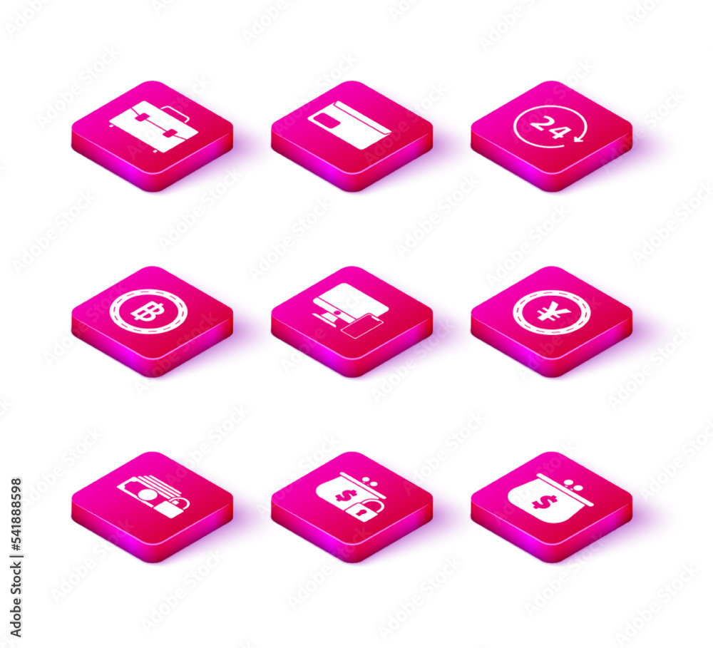 Set Money with lock, Closed wallet, Cryptocurrency coin Bitcoin, Computer monitor and mobile phone, Wallet dollar symbol, Coin money Yen, Clock 24 hours and Envelope icon. Vector Set Money with lock, Closed wallet, Cryptocurrency coin Bitcoin, Computer monitor and mobile phone, Wallet dollar symbol, Coin money Yen, Clock 24 hours and Envelope icon. Vector