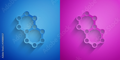 Paper cut Molecule icon isolated on blue and purple background. Structure of molecules in chemistry, science teachers innovative educational poster. Paper art style. Vector