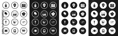 Set Detailed calendar, Glass of whiskey and ice cubes, Balloons with ribbon, Whiskey bottle, Muffin, Alcohol or beer bar location, Grilled shish kebab and champagne icon. Vector