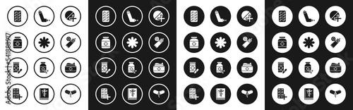 Set Medicine pill or tablet, Cross hospital medical, bottle, Pills blister pack, Ointment cream tube medicine, Inhaler, and and pills icon. Vector