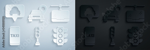 Set Traffic light, Cable car, Taxi call telephone service, Map pointer with taxi and icon. Vector