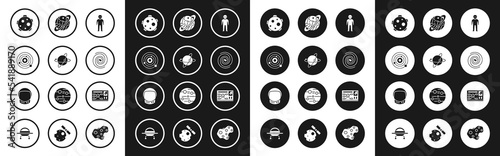 Set Alien, Satellites orbiting the planet Earth, Solar system, Planet, Black hole, Saturn, Futuristic hud interface and Astronaut helmet icon. Vector