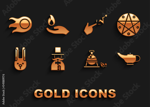 Set Magician, Pentagram in circle, lamp or Aladdin, Witch cauldron and magic stone, Rabbit with ears, Spell, Fireball and Hand holding fire icon. Vector