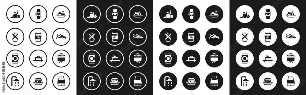 Set Healthy food, Coffee cup to go, No alcohol, Fruit, Sport sneakers, Smart watch, Cooking pot and Soda can icon. Vector