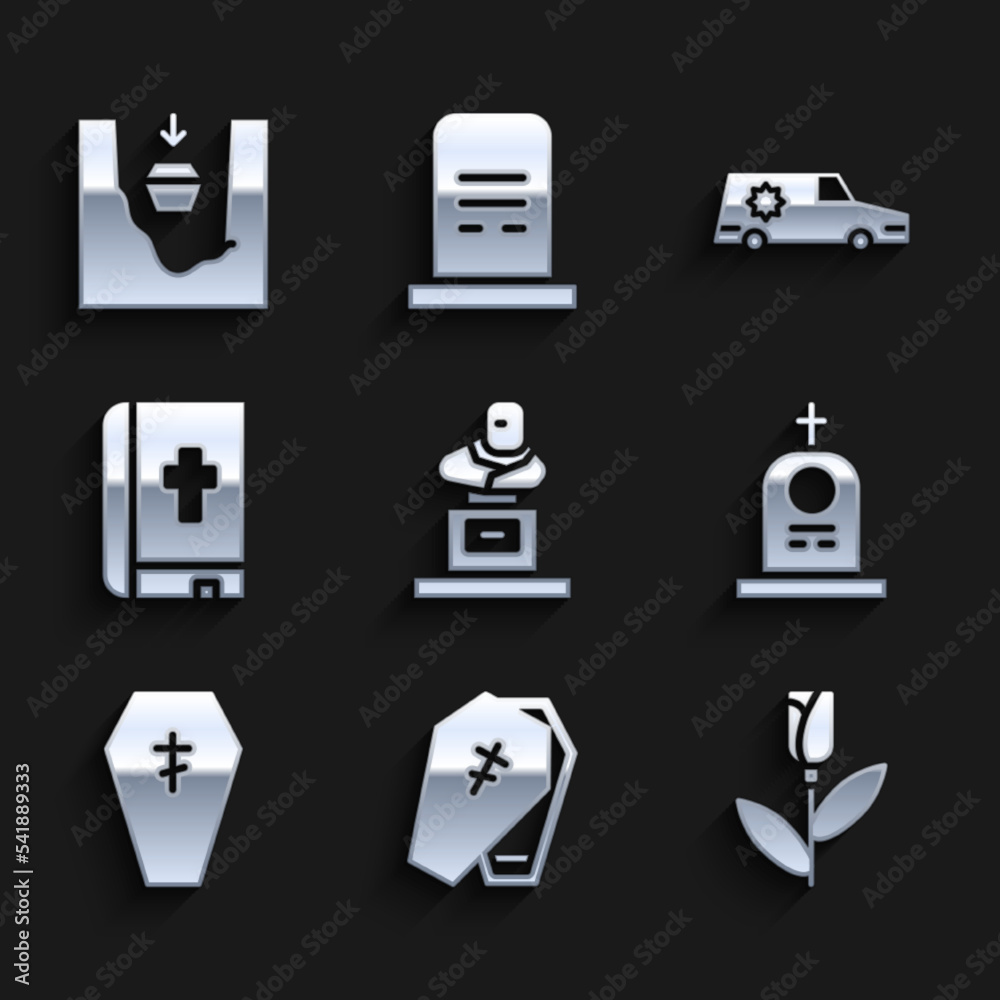 Set Grave with tombstone, Coffin cross, Flower rose, Holy bible book, Hearse car and grave icon. Vector Set Grave with tombstone, Coffin cross, Flower rose, Holy bible book, Hearse car and grave icon. Vector