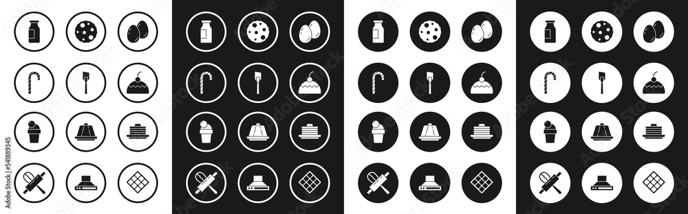 Set Easter eggs, Spatula, Christmas candy cane, Bottle with milk, Cake, Cookie or biscuit, Stack of pancakes and Ice cream icon. Vector Set Easter eggs, Spatula, Christmas candy cane, Bottle with milk, Cake, Cookie or biscuit, Stack of pancakes and Ice cream icon. Vector
