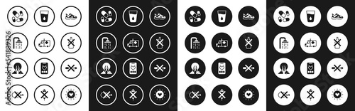 Set Sport sneakers, Ambulance and emergency car, Shower head, Vitamin pill, No alcohol, Glass with water, Smoking and Meditation icon. Vector