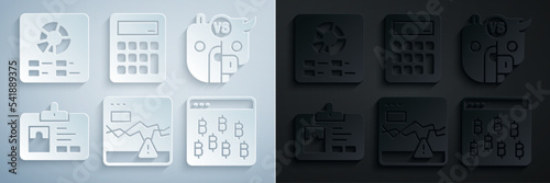 Set Failure stocks market, Bull and bear of, Identification badge, Bitcoin in browser, Calculator and Pie chart infographic icon. Vector