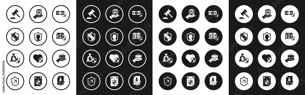 Set Money with shield, Life insurance, Judge gavel, House, hand, Hand holding briefcase and icon. Vector Set Money with shield, Life insurance, Judge gavel, House, hand, Hand holding briefcase and icon. Vector