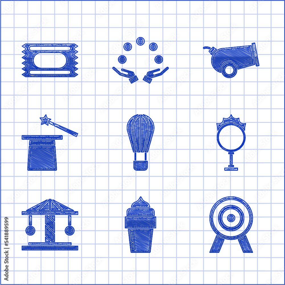 Set Hot air balloon, Ice cream, Target, Circus fire hoop, Attraction carousel, Magic hat and wand, Cannon and ticket icon. Vector Set Hot air balloon, Ice cream, Target, Circus fire hoop, Attraction carousel, Magic hat and wand, Cannon and ticket icon. Vector