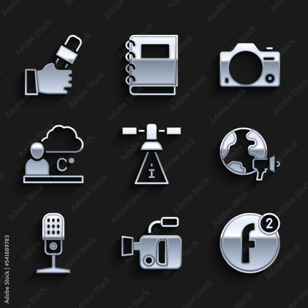 Fototapeta premium Set Satellite, Cinema camera, Create account, World news, Microphone, Weather forecast, Photo and Journalist icon. Vector