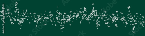 Falling letters of English language. Sketch chalk flying words of Latin alphabet. Foreign languages study concept. Ecstatic back to school banner on blackboard background.