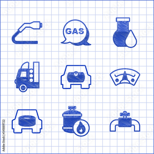 Set Gas tank for vehicle, Propane gas, Metallic pipes and valve, Motor gauge, Spare wheel in the car, Oil petrol test tube and Electrical cable plug charging icon. Vector
