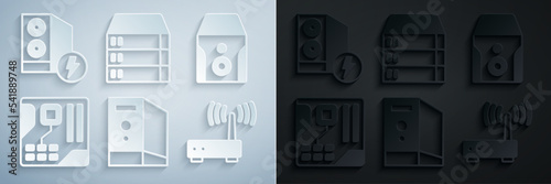 Set Case of computer, Uninterruptible power supply, Motherboard digital chip, Router and wi-fi signal, Server, Data, Web Hosting and icon. Vector