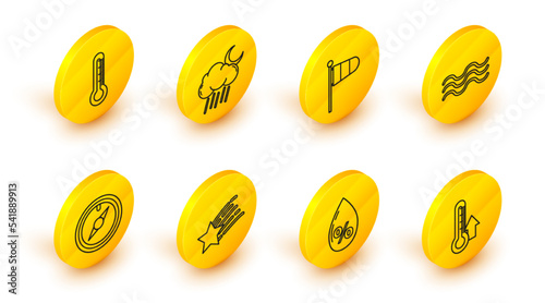 Set line Thermometer, Water drop percentage, Falling star, Wind rose, Waves, Cone meteorology windsock wind vane, Cloud with rain and moon and icon. Vector