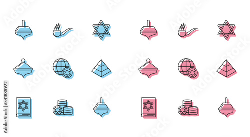 Set line Jewish torah book, coin, Hanukkah dreidel, World Globe and Israel, Egypt pyramids, and Smoking pipe with smoke icon. Vector