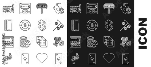 Set line Playing card with clubs symbol, game dice and glass of whiskey ice cubes, Stick for, signboard, dollar, Deck playing cards, Slot machine lucky sevens jackpot and Dollar icon. Vector