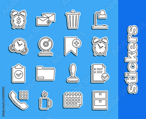 Set line Archive papers drawer, Document and check mark, Alarm clock, Trash can, Web camera, Time Management, with dollar symbol and Bookmark icon. Vector