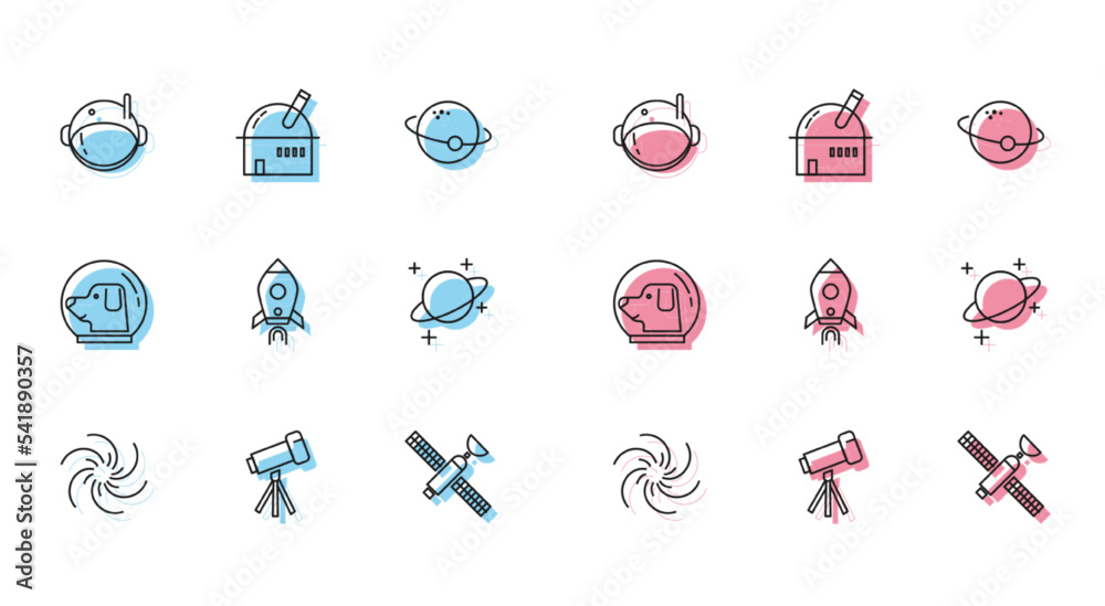 Set line Black hole, Telescope, Astronaut helmet, Satellite, Rocket ship with fire, Planet, Dog in astronaut and Astronomical observatory icon. Vector Set line Black hole, Telescope, Astronaut helmet, Satellite, Rocket ship with fire, Planet, Dog in astronaut and Astronomical observatory icon. Vector