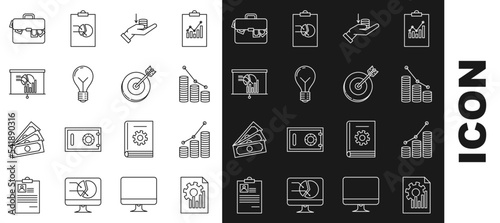 Set line Document with graph chart, Pie infographic and coin, Money on hand, Light bulb concept of idea, Board, Briefcase money and Target icon. Vector