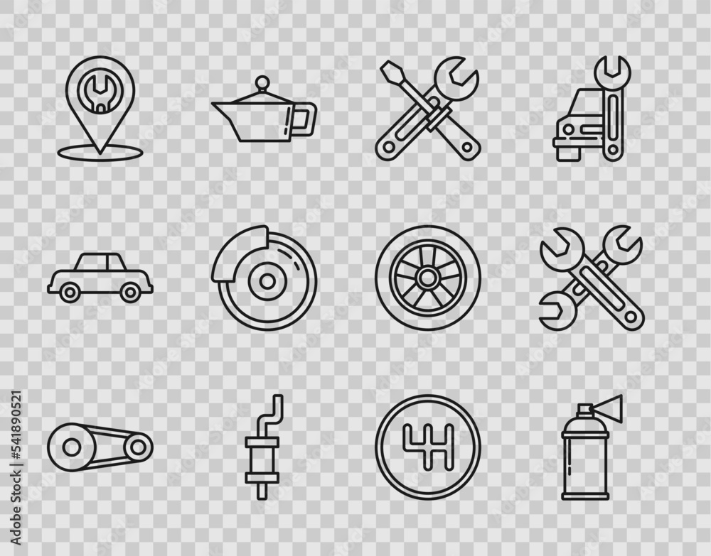 Set line Timing belt kit, Paint spray can, Screwdriver and wrench tools, Car muffler, service, brake disk with caliper, Gear shifter and Wrench icon. Vector Set line Timing belt kit, Paint spray can, Screwdriver and wrench tools, Car muffler, service, brake disk with caliper, Gear shifter and Wrench icon. Vector