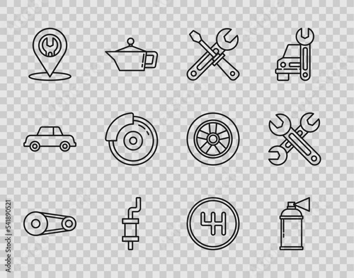 Set line Timing belt kit, Paint spray can, Screwdriver and wrench tools, Car muffler, service, brake disk with caliper, Gear shifter and Wrench icon. Vector