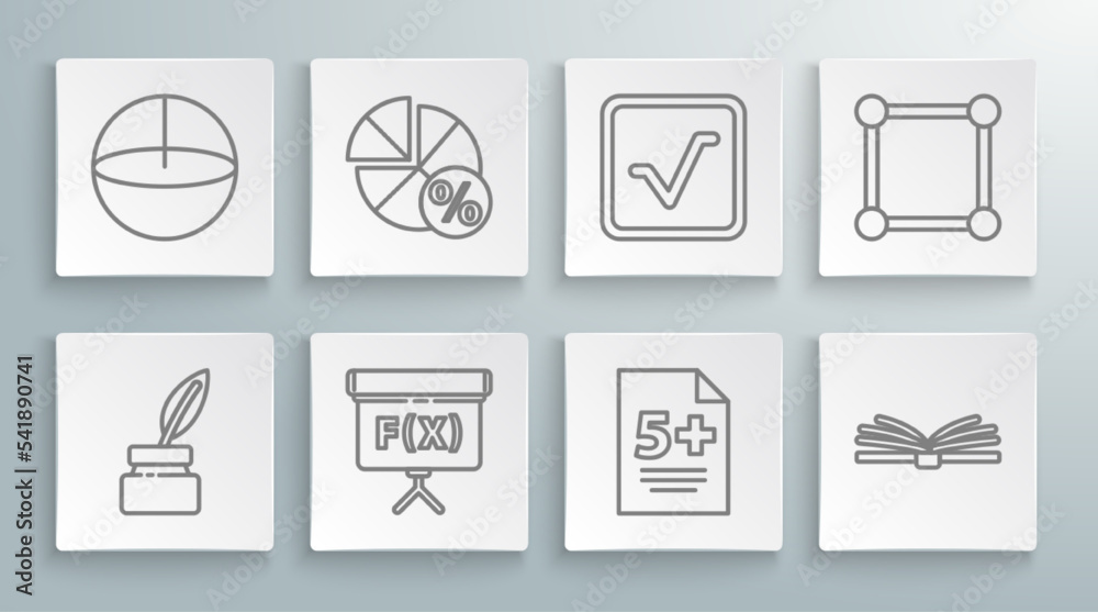 Set line Chalkboard, Equation solution, Geometric figure Cube, Calculator, Mobile calculator interface, Open book, with diagram and icon. Vector Set line Chalkboard, Equation solution, Geometric figure Cube, Calculator, Mobile calculator interface, Open book, with diagram and icon. Vector