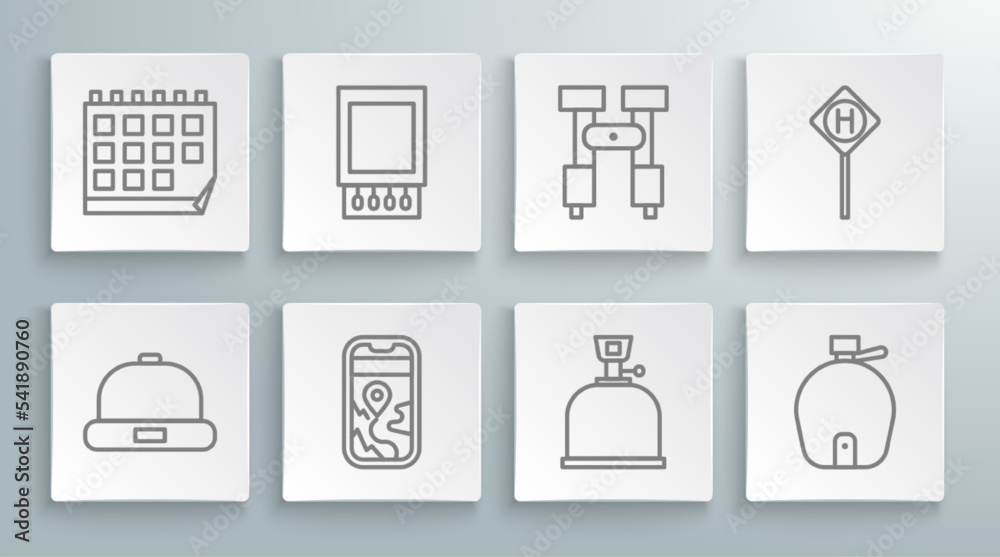 Set line Beanie hat, Open matchbox and matches, City map navigation, Camping gas stove, Canteen water bottle, Binoculars, Parking and Calendar icon. Vector Set line Beanie hat, Open matchbox and matches, City map navigation, Camping gas stove, Canteen water bottle, Binoculars, Parking and Calendar icon. Vector