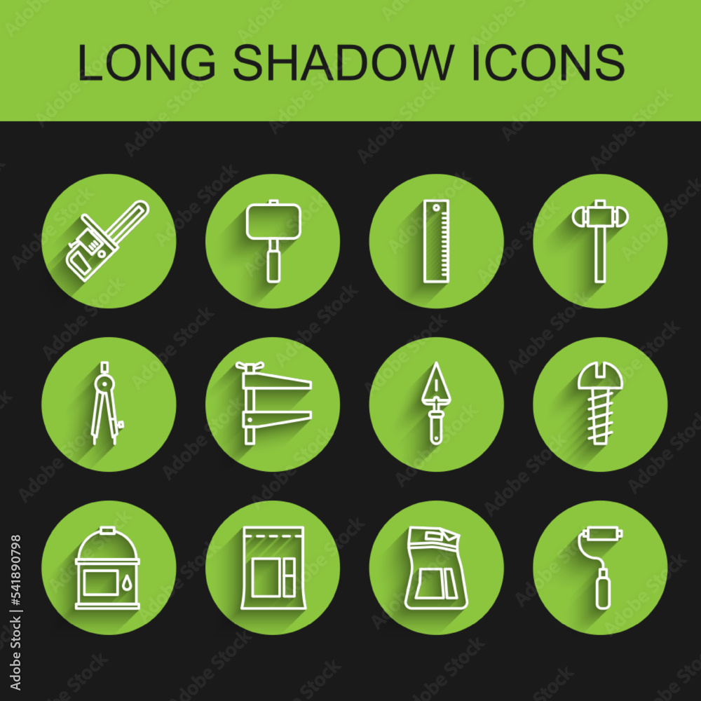 Set line Paint bucket, Cement bag, Chainsaw, roller brush, Clamp tool, Metallic screw and Trowel icon. Vector Set line Paint bucket, Cement bag, Chainsaw, roller brush, Clamp tool, Metallic screw and Trowel icon. Vector