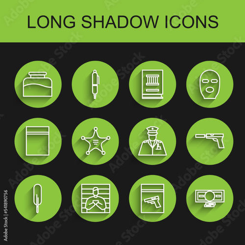 Set line Feather pen, Suspect criminal, Inkwell, Evidence bag and pistol or gun, Stacks paper money cash, Hexagram sheriff, Pistol with silencer and Police officer icon. Vector