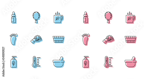 Set line Essential oil bottle, Sauna thermometer, Mortar and pestle, Lotus flower, bucket, Foot massage and broom icon. Vector
