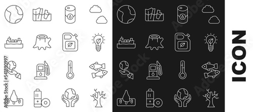 Set line Withered tree, Dead fish, Light bulb with leaf, Barrel oil, Tree stump, Oil tanker ship, Earth globe and Bio fuel canister icon. Vector