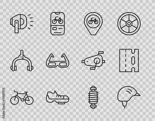 Set line Bicycle, helmet, Location with bicycle, shoes, head lamp, Sport cycling sunglasses, suspension and lane icon. Vector