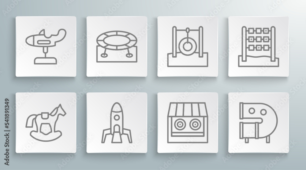 Set line Horse in saddle swing, Jumping trampoline, Rocket ship, Shooting gallery, Kid playground slide pipe, Car tire hanging on rope, Tic tac toe game and Swing plane icon. Vector Set line Horse in saddle swing, Jumping trampoline, Rocket ship, Shooting gallery, Kid playground slide pipe, Car tire hanging on rope, Tic tac toe game and Swing plane icon. Vector