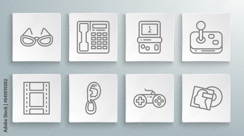 Set line Play Video, Telephone handset, Ear with earring, Gamepad, Vinyl disk, Tetris, Joystick and Glasses icon. Vector Set line Play Video, Telephone handset, Ear with earring, Gamepad, Vinyl disk, Tetris, Joystick and Glasses icon. Vector